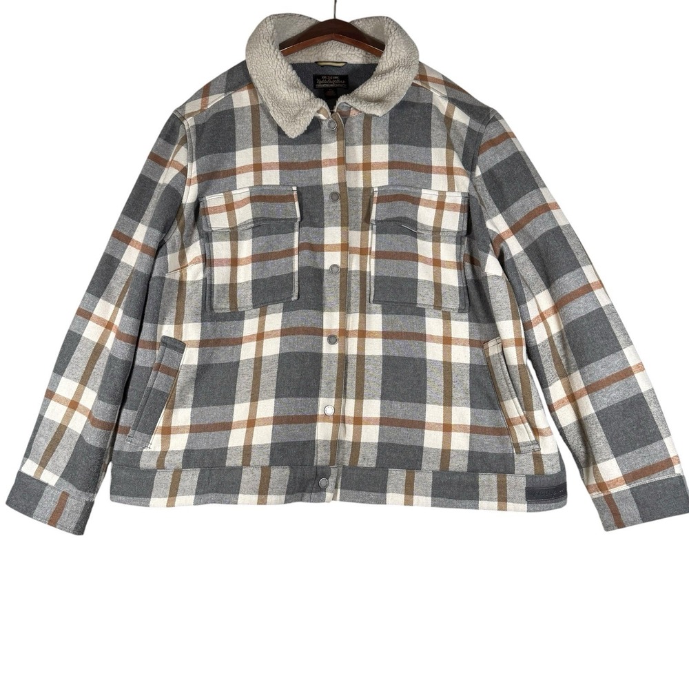 Noble Outfitters Women's Sherpa‎ Lined Plaid Jacket 3X Gray Brown Fleece Collar